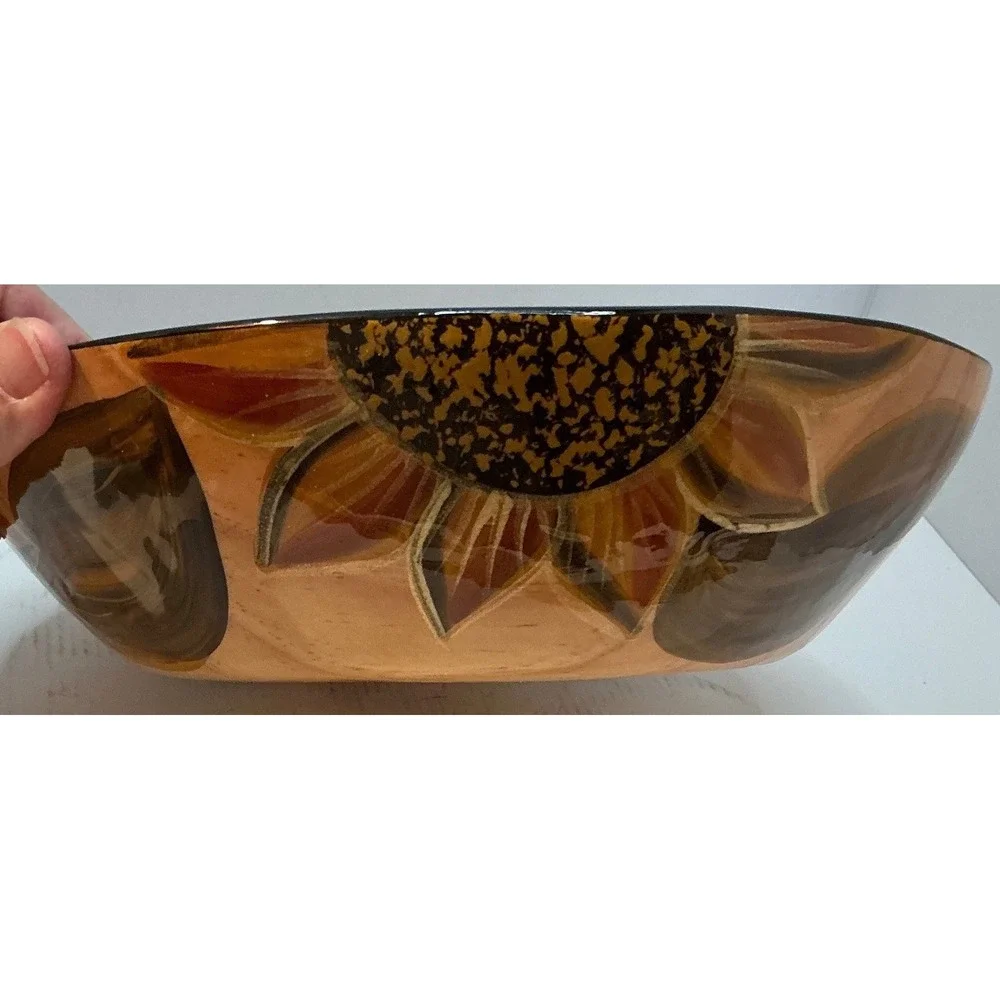 Vintage Sunflower Decorative Bowl Hand Painted Floral Glossy Black 11 Inch